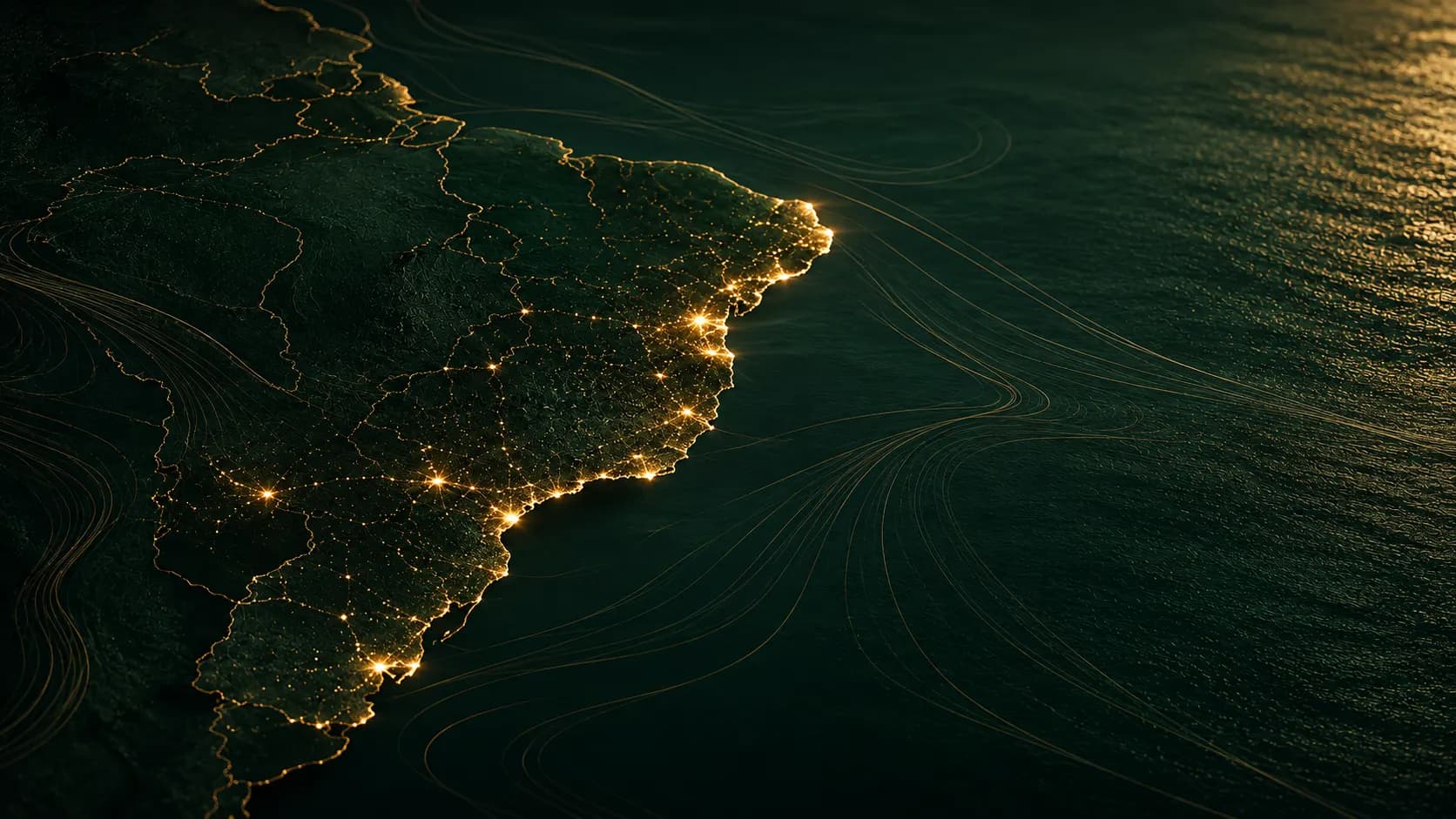 Brazil seen from above at night, its cities and coastline traced in gold light.